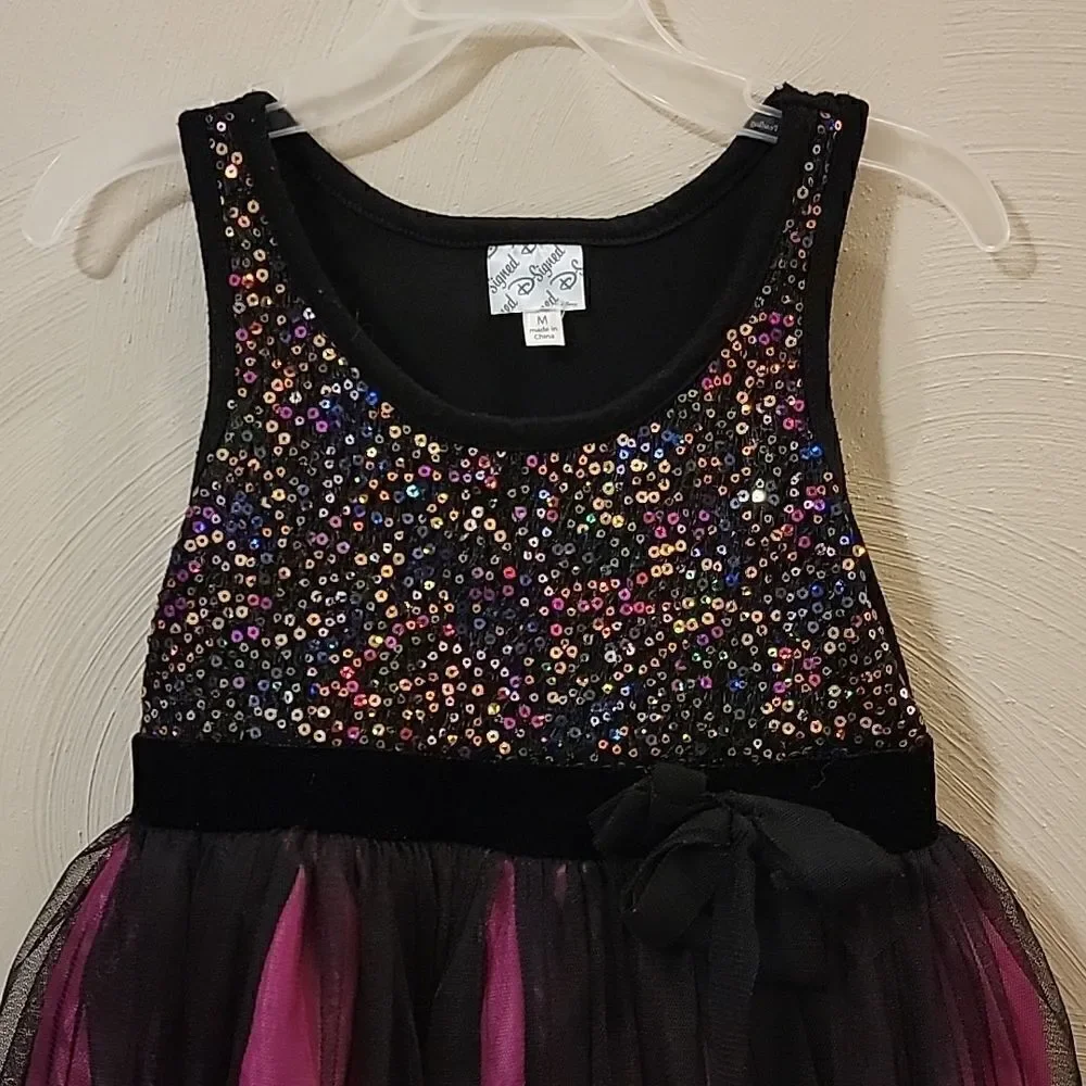 DISNEY D-SIGNED BLACK AND PINK SEQUINED TULLE SLEEVELESS DRESS, SIZE M (10)